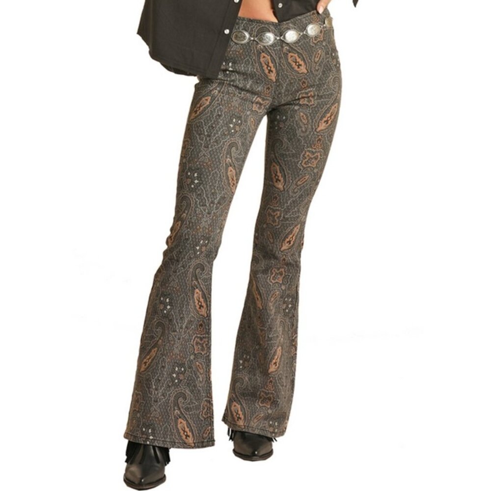 Rock & Roll Denim Paisley Print High Rise Pull On Flare Jeans